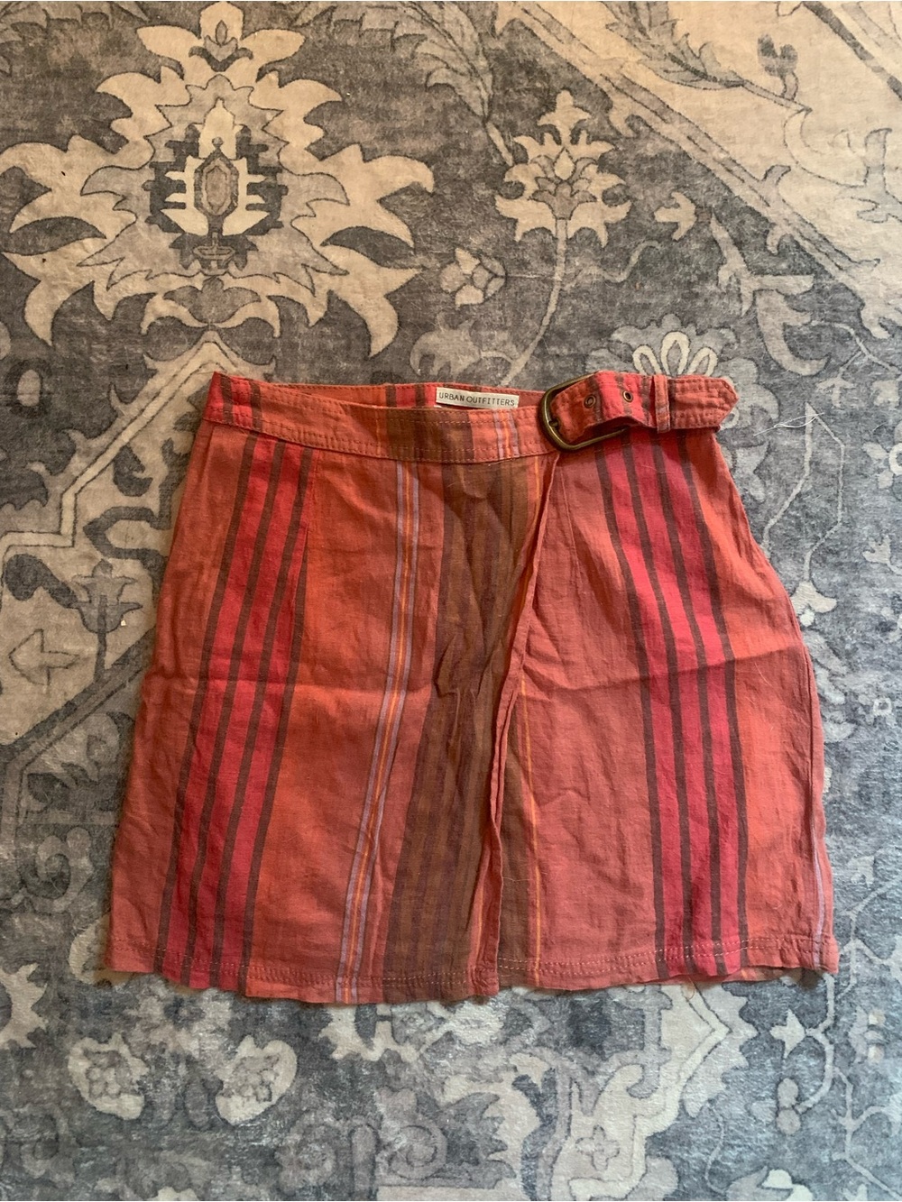 Urban Outfitters Rust and Red Striped Belted Mini Skirt Y2K